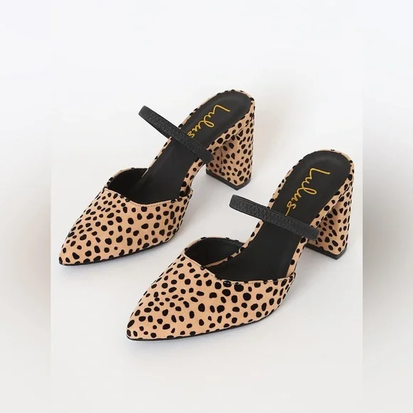 ⭐️ Lulus Maryna Black and Tan Cheetah Suede Pointed-Toe Mules Size 7.5 - Picture 2 of 9